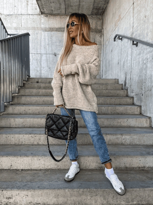 Loosely knitted ladies' jumper with off-shoulder design – Amira