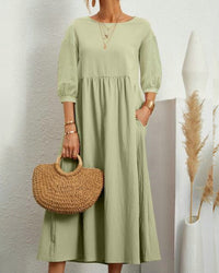 Ladies' midi dress with round neckline & lantern sleeves – Selina