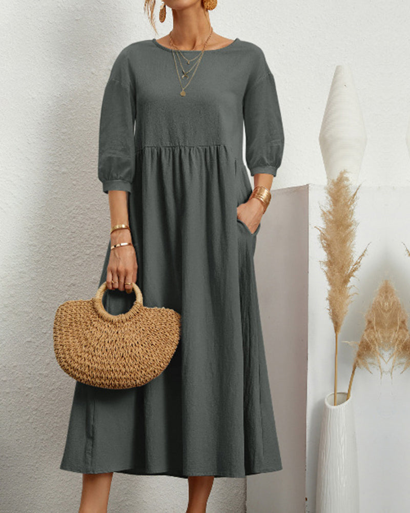 Ladies' midi dress with round neckline & lantern sleeves – Selina
