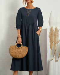 Ladies' midi dress with round neckline & lantern sleeves – Selina