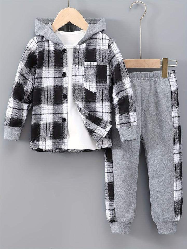 2-Piece Boys' Set Jordy with Checkered Hoodie and Jogging Trousers-Gray-2-3Y-State of Style