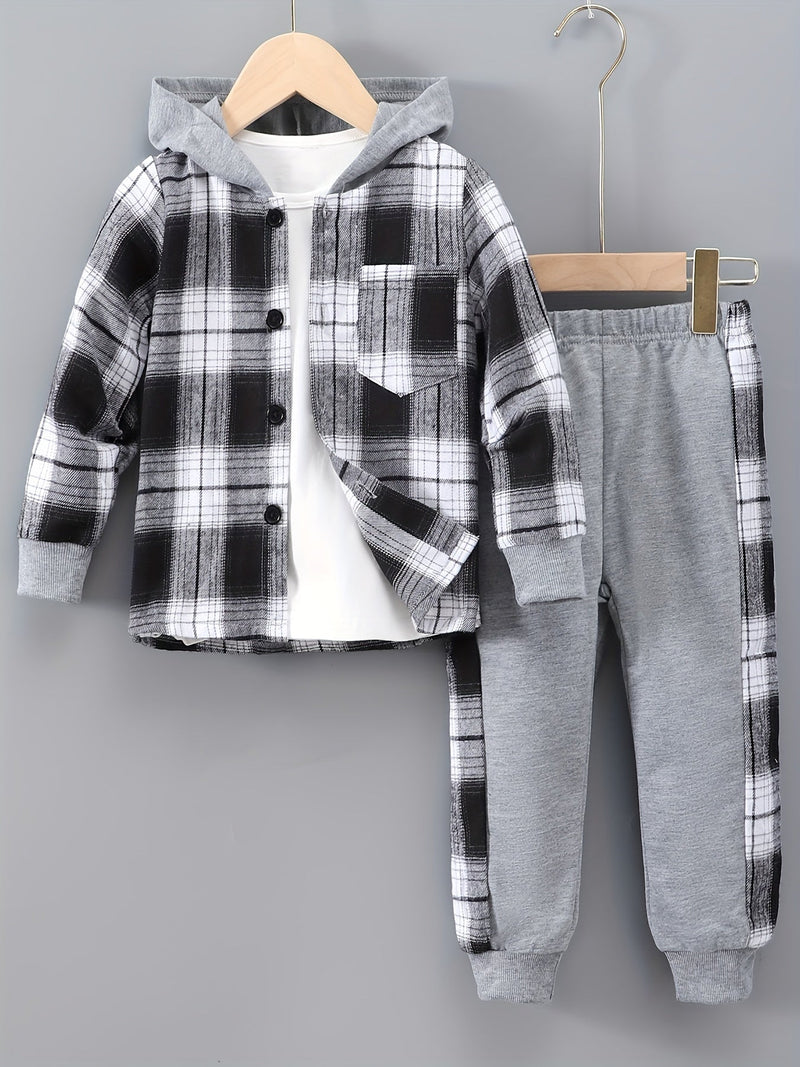 2-Piece Boys' Set Jordy with Checkered Hoodie and Jogging Trousers-Gray-2-3Y-State of Style
