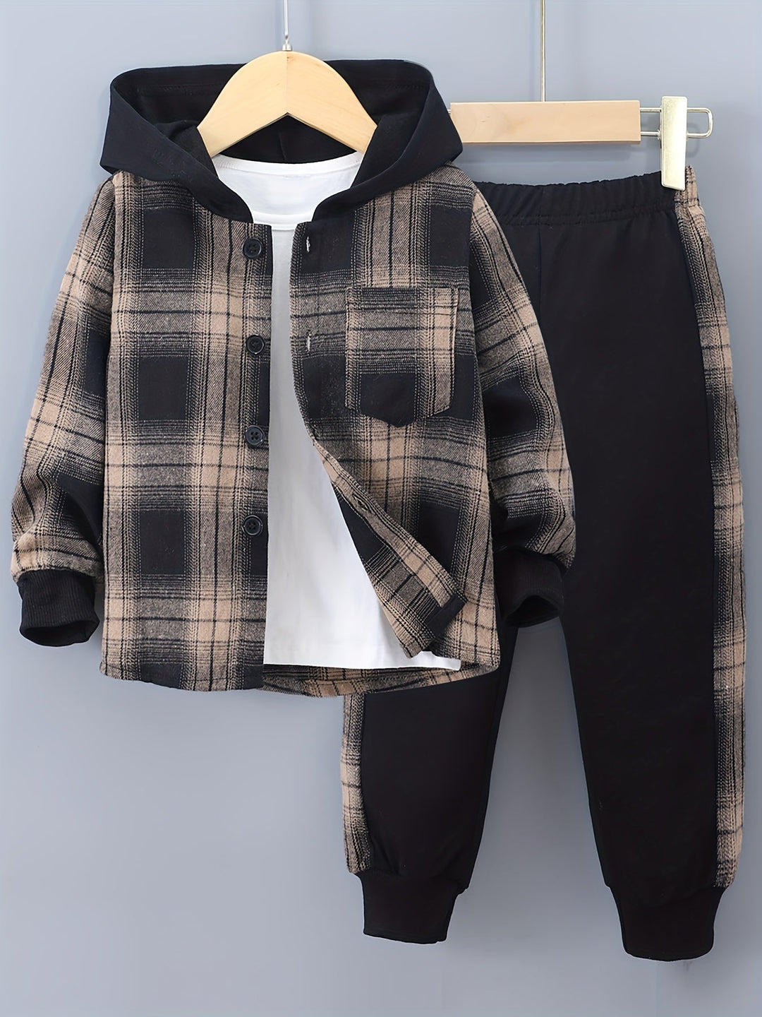 2-Piece Boys' Set Jordy with Checkered Hoodie and Jogging Trousers-Light brown-2-3Y-State of Style