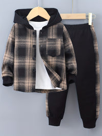 2-Piece Boys' Set Jordy with Checkered Hoodie and Jogging Trousers-Light brown-2-3Y-State of Style