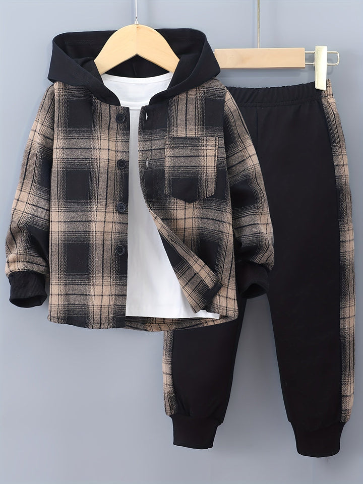 2-Piece Boys' Set Jordy with Checkered Hoodie and Jogging Trousers-Light brown-2-3Y-State of Style