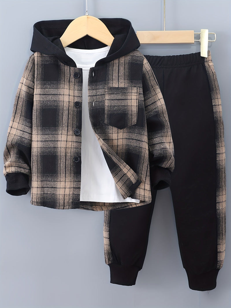 2-Piece Boys' Set Jordy with Checkered Hoodie and Jogging Trousers-Light brown-2-3Y-State of Style