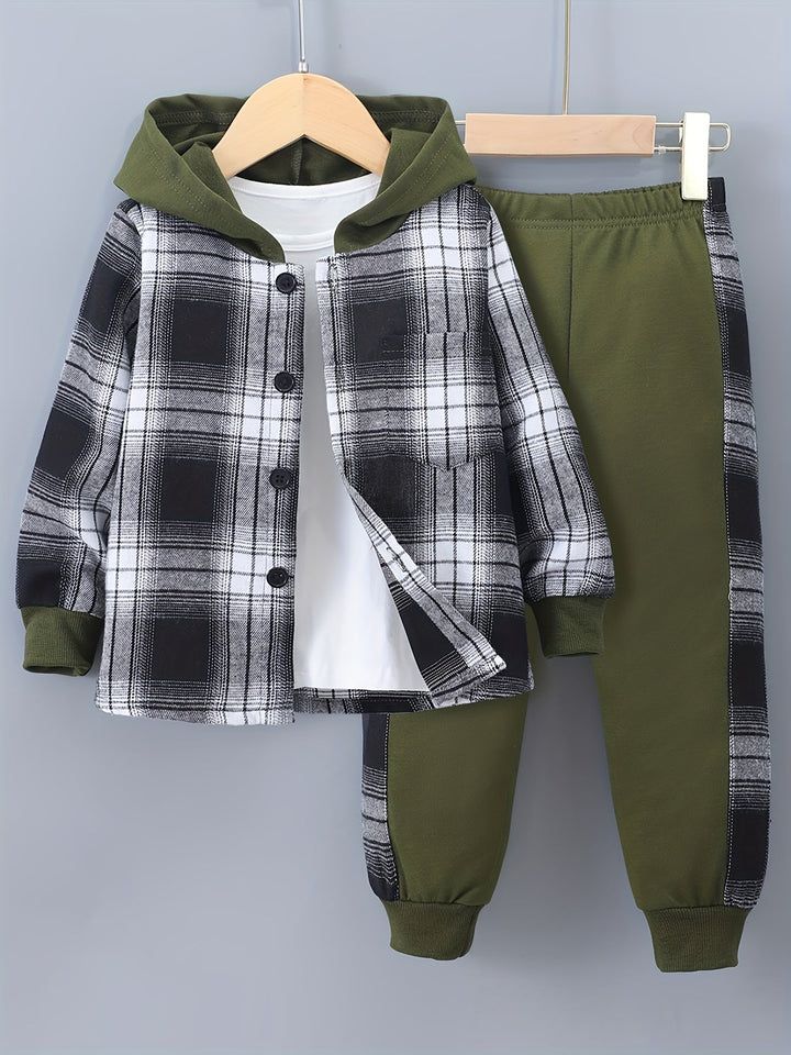 2-Piece Boys' Set Jordy with Checkered Hoodie and Jogging Trousers-Olive green-2-3Y-State of Style