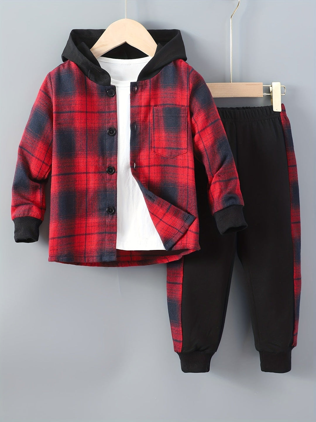 2-Piece Boys' Set Jordy with Checkered Hoodie and Jogging Trousers-Red-2-3Y-State of Style
