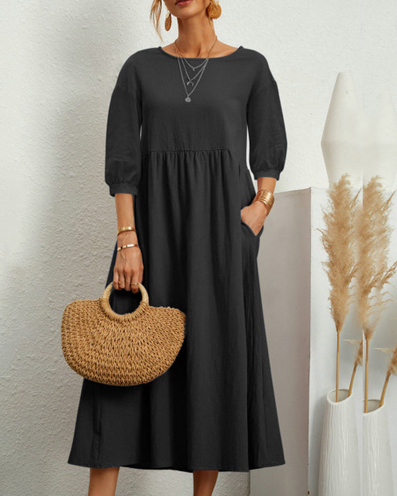 Ladies' midi dress with round neckline & lantern sleeves – Selina