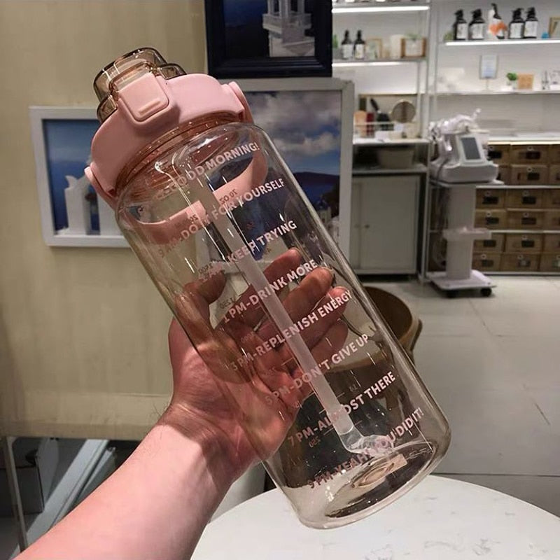 2L Motivational Water Bottle with Time Markers – HydroMotivator-Transparent Pink-State of Style