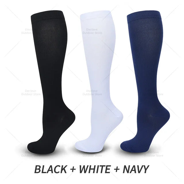 3 Pairs of Knee-High Compression Socks - FitSupport-Black-White-Blue-S-M (EU 3-6)-State of Style