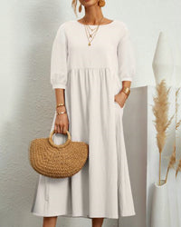 Ladies' midi dress with round neckline & lantern sleeves – Selina