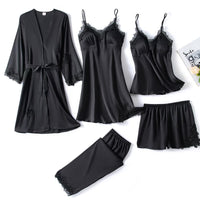5-Piece Satin Sleep Set for Women with Lace – Amara-Black-XS-State of Style