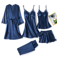 5-Piece Satin Sleep Set for Women with Lace – Amara-Dark blue-XS-State of Style