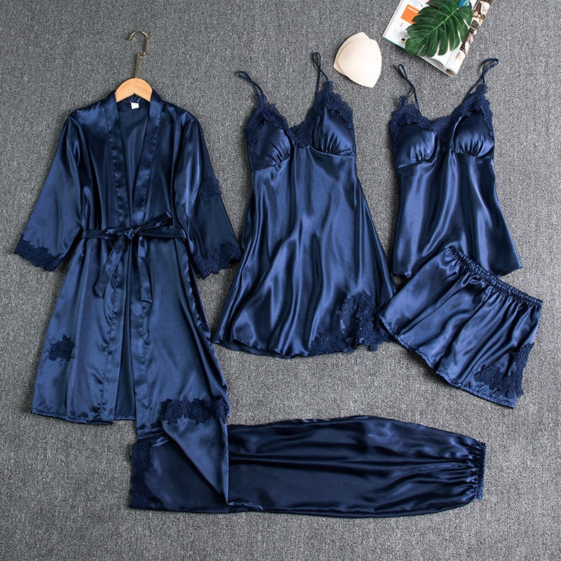 5-Piece Satin Sleep Set with Lace for Women – Liora-Dark blue-M-State of Style