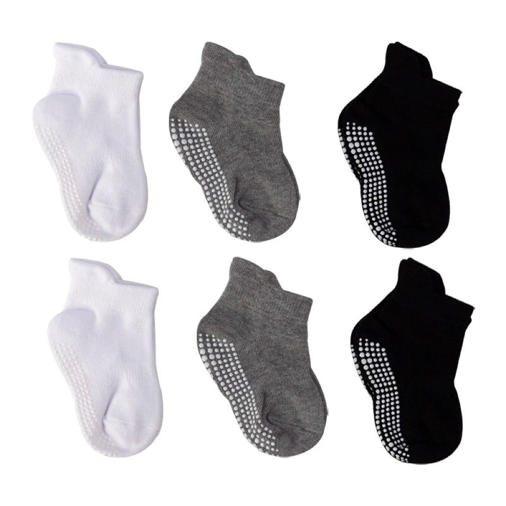 6 Pairs of Anti-Slip Baby Socks – Finn-Black, White and Grey-0 to 1 year-State of Style
