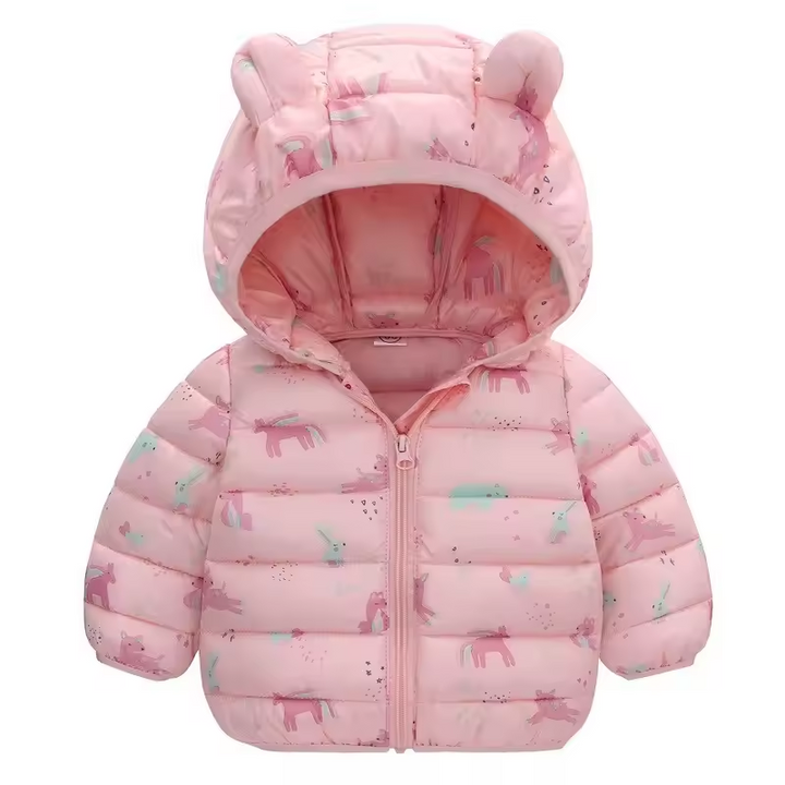 Children's waterproof rain jacket in a down style with cartoon design – Miro