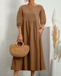 Ladies' midi dress with round neckline & lantern sleeves – Selina