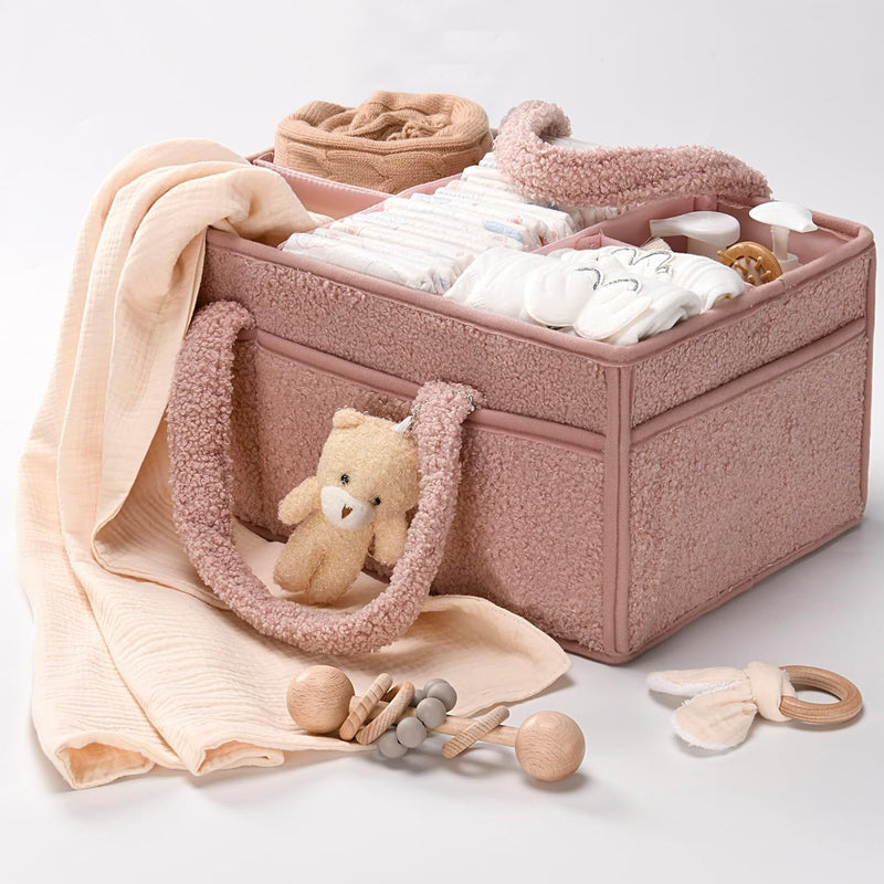 Baby Nappy Caddy Organizer – Plush Sherpa Storage Basket with Compartments – Elvoria