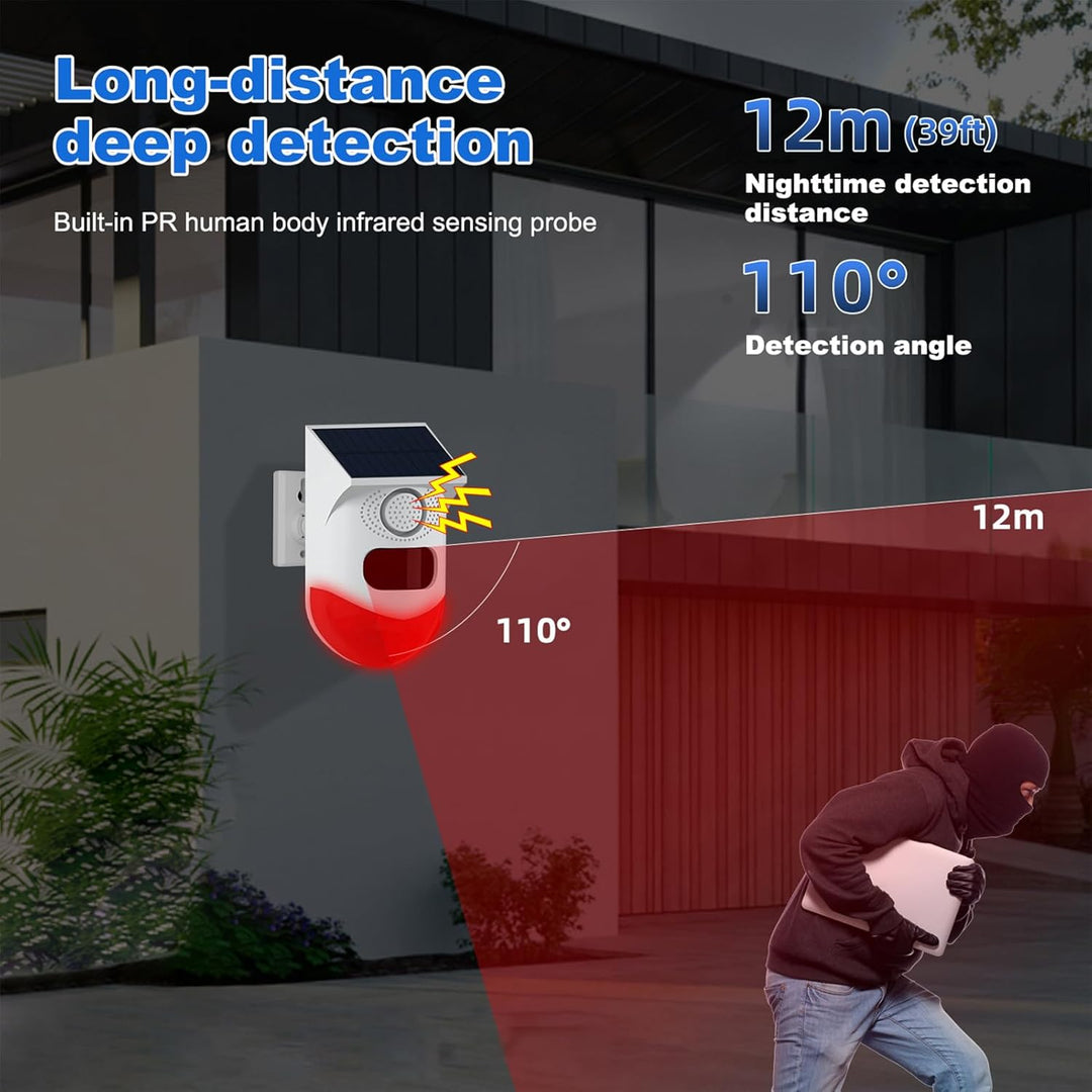 Solar Motion Sensor Alarm with 120dB Siren and LED Strobe – Feronix