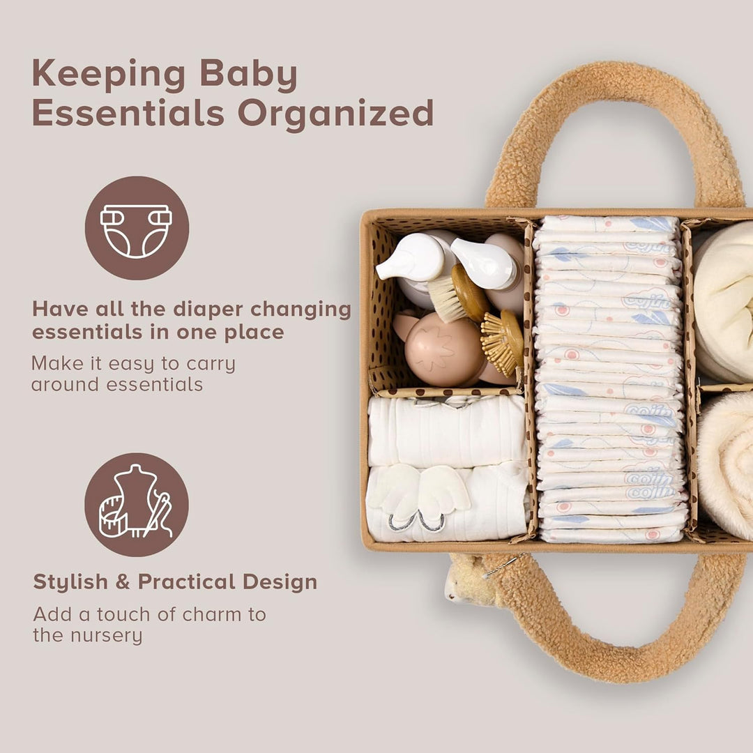 Baby Nappy Caddy Organizer – Plush Sherpa Storage Basket with Compartments – Elvoria