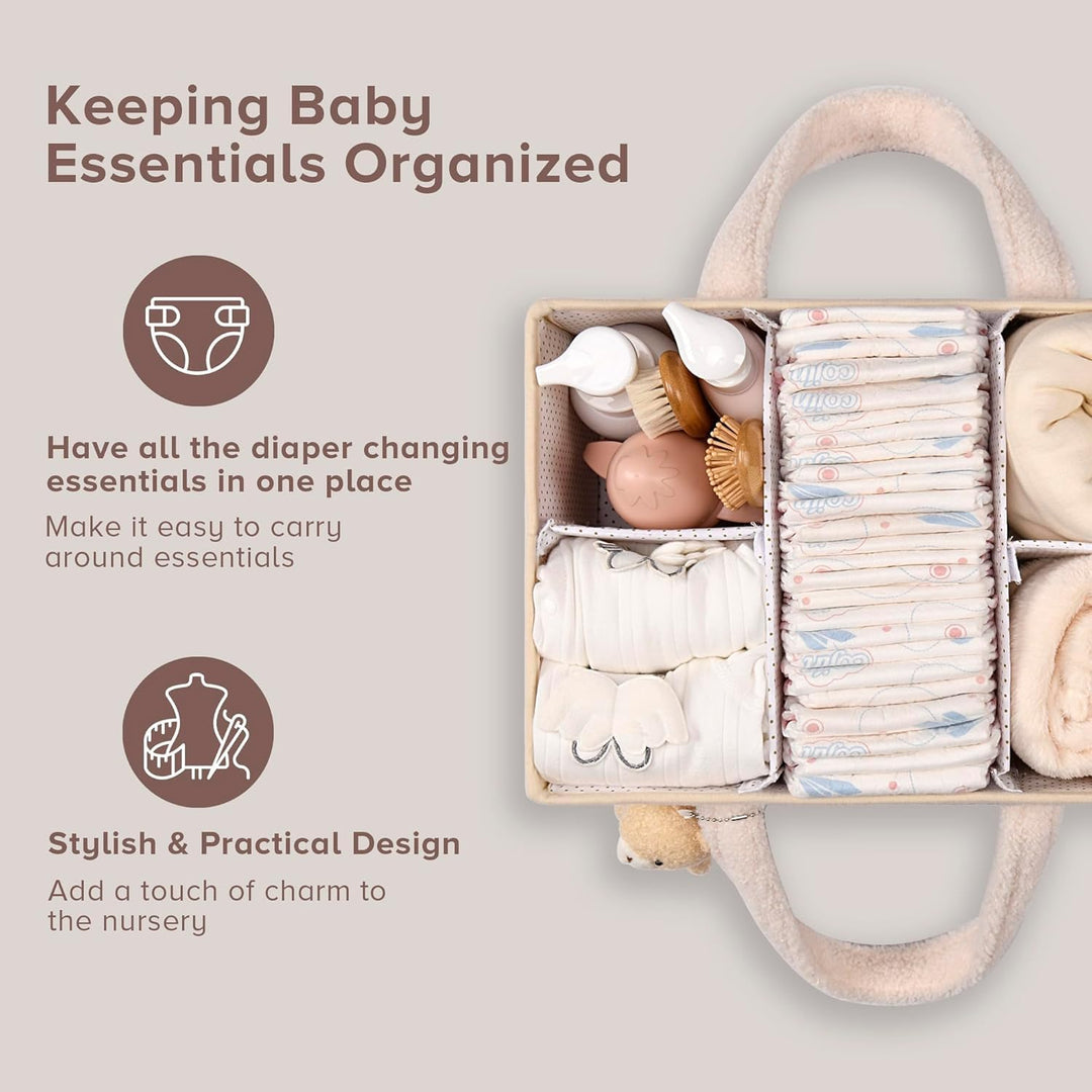 Baby Nappy Caddy Organizer – Plush Sherpa Storage Basket with Compartments – Elvoria
