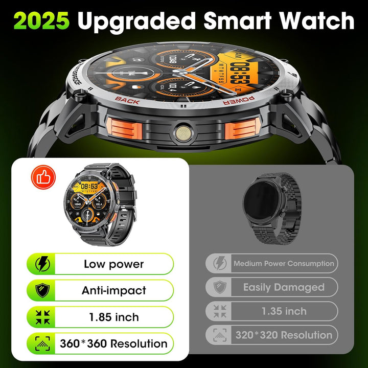 Military Smart Watch for Men with 1.85" HD Screen and Flashlight
