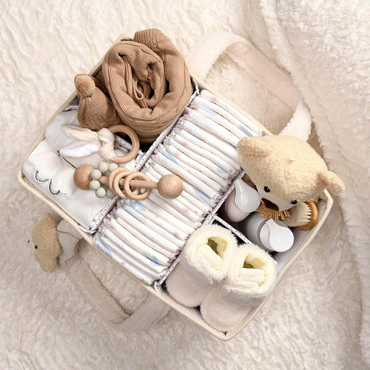 Baby Nappy Caddy Organizer – Plush Sherpa Storage Basket with Compartments – Elvoria