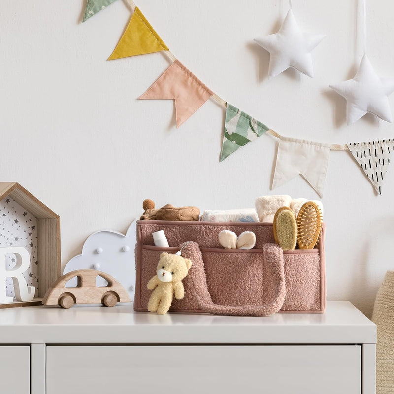 Baby Nappy Caddy Organizer – Plush Sherpa Storage Basket with Compartments – Elvoria