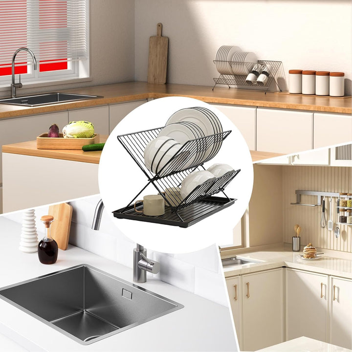 Folding Dish Drying Rack – 2-Tier Countertop Drainer with Detachable Tray – Kelvra