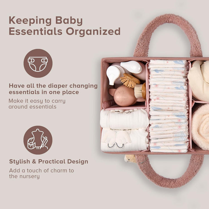 Baby Nappy Caddy Organizer – Plush Sherpa Storage Basket with Compartments – Elvoria