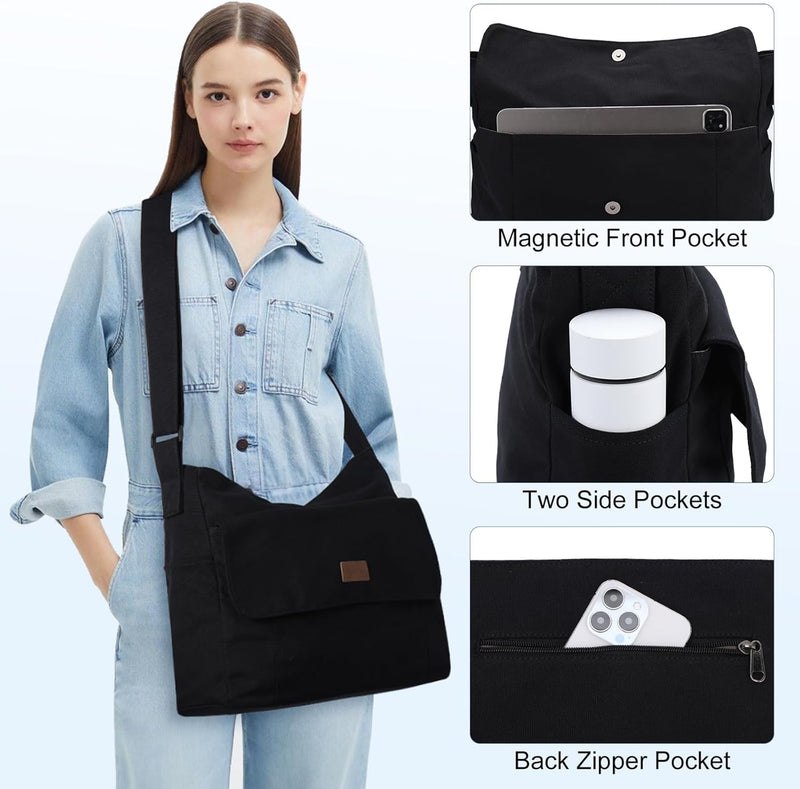 Canvas Laptop Messenger Bag with Multiple Pockets – Unisex Crossbody Tote