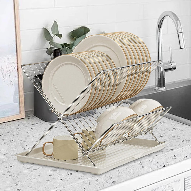 Folding Dish Drying Rack – 2-Tier Countertop Drainer with Detachable Tray – Kelvra