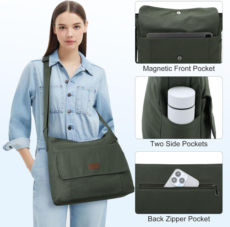 Canvas Laptop Messenger Bag with Multiple Pockets – Unisex Crossbody Tote