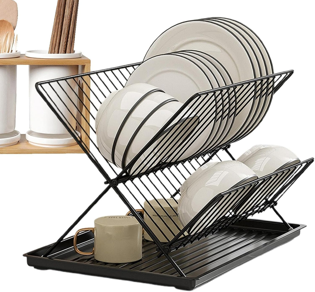 Folding Dish Drying Rack – 2-Tier Countertop Drainer with Detachable Tray – Kelvra