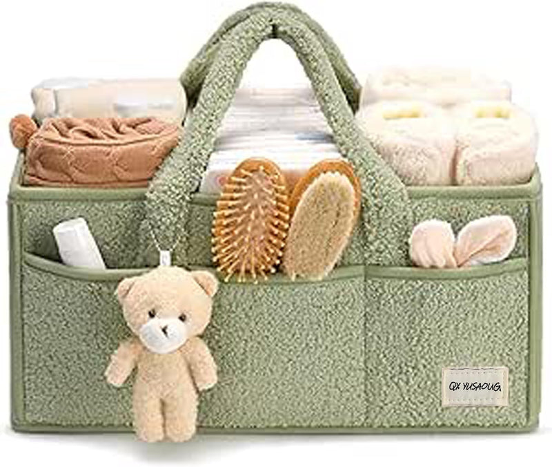 Baby Nappy Caddy Organizer – Plush Sherpa Storage Basket with Compartments – Elvoria