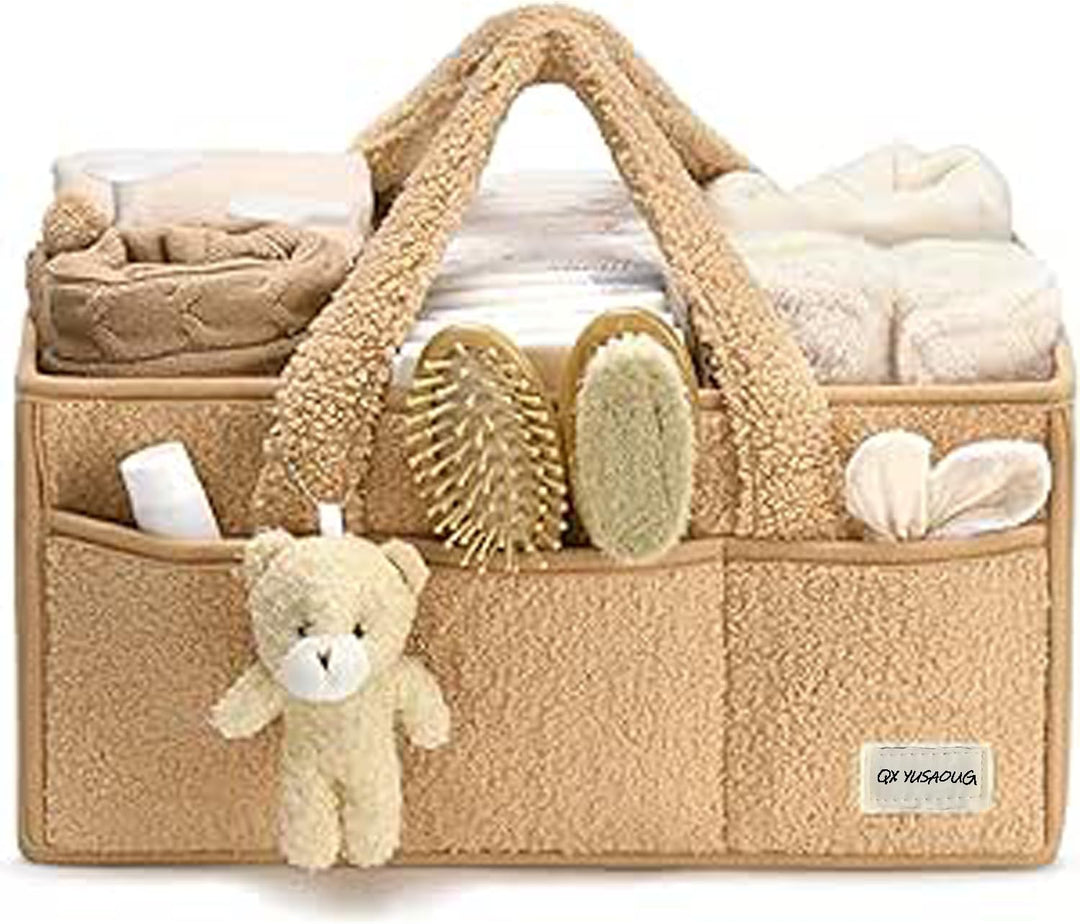 Baby Nappy Caddy Organizer – Plush Sherpa Storage Basket with Compartments – Elvoria
