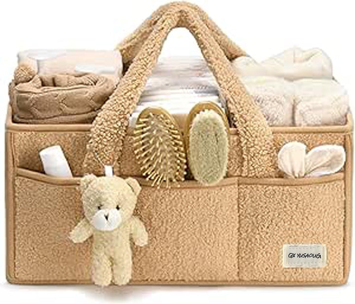 Baby Nappy Caddy Organizer – Plush Sherpa Storage Basket with Compartments – Elvoria
