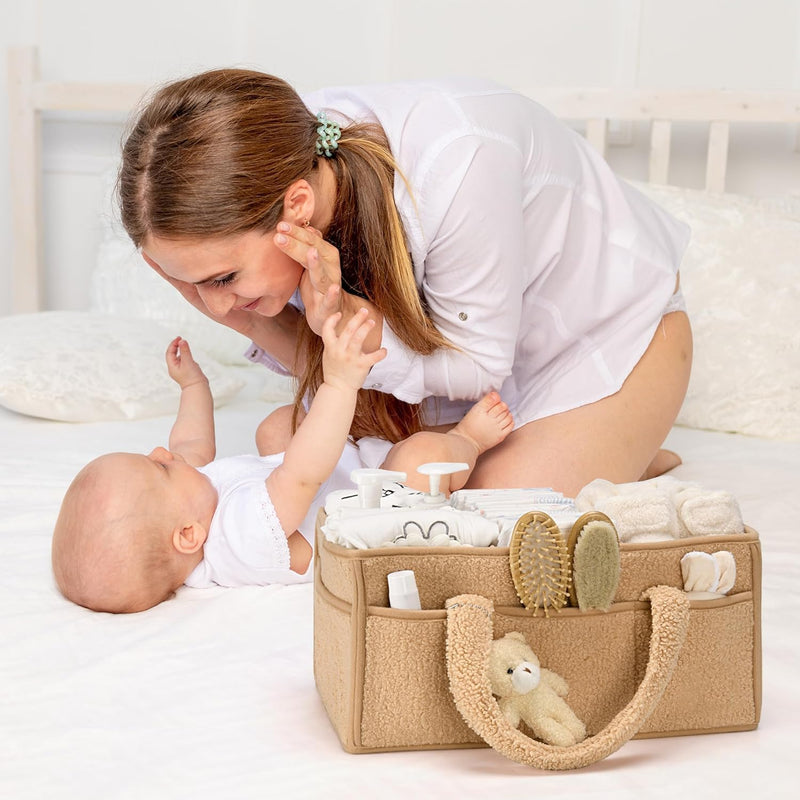 Baby Nappy Caddy Organizer – Plush Sherpa Storage Basket with Compartments – Elvoria