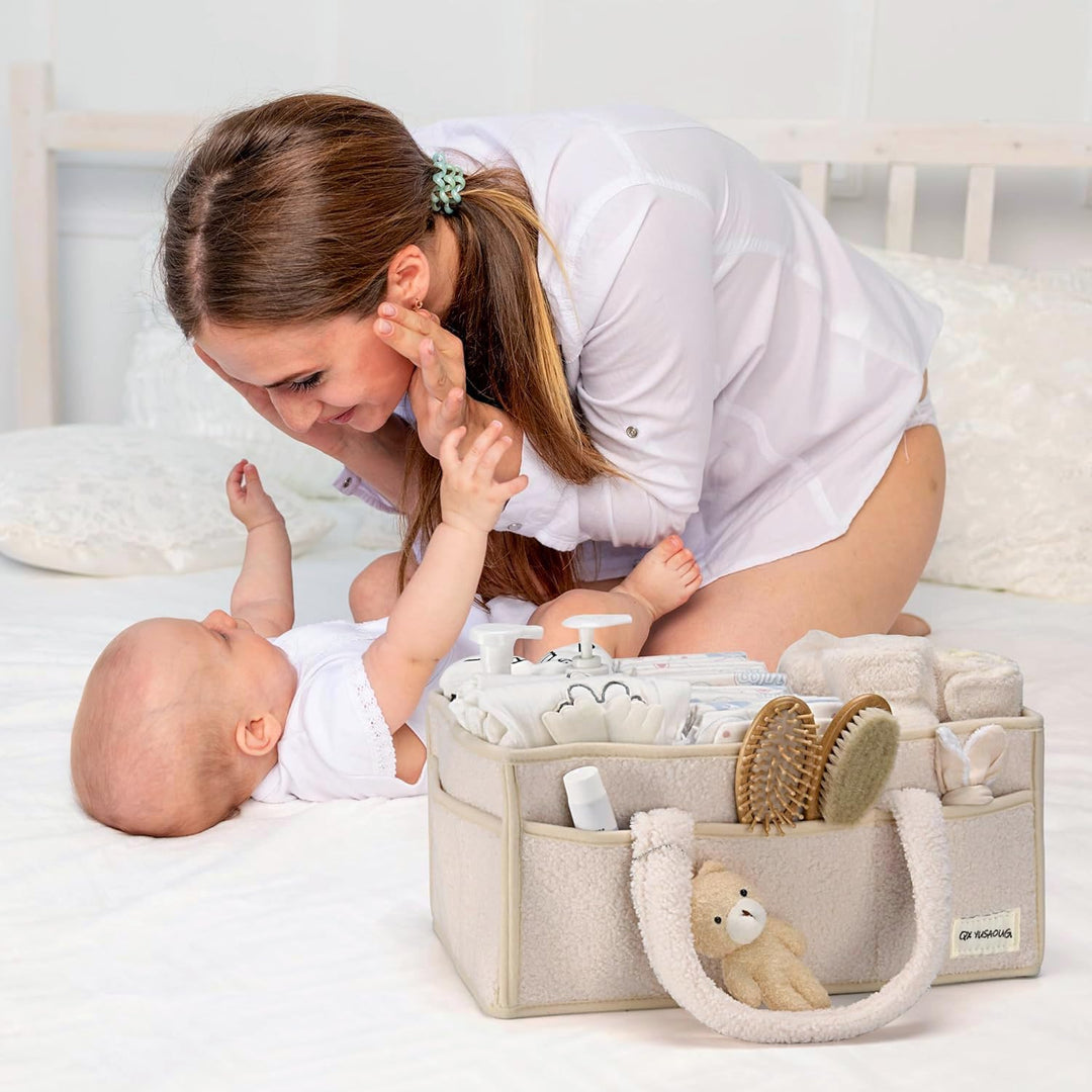 Baby Nappy Caddy Organizer – Plush Sherpa Storage Basket with Compartments – Elvoria