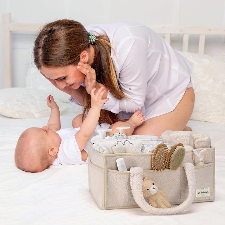 Baby Nappy Caddy Organizer – Plush Sherpa Storage Basket with Compartments – Elvoria