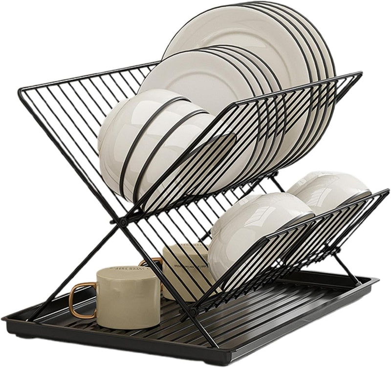 Folding Dish Drying Rack – 2-Tier Countertop Drainer with Detachable Tray – Kelvra