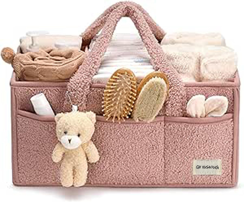 Baby Nappy Caddy Organizer – Plush Sherpa Storage Basket with Compartments – Elvoria