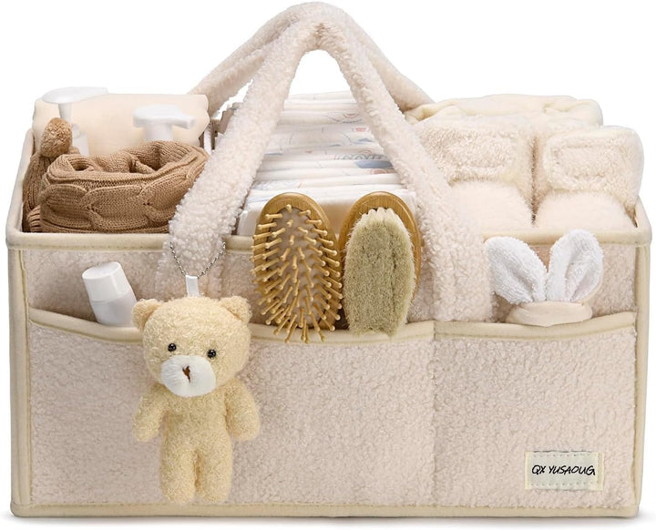 Baby Nappy Caddy Organizer – Plush Sherpa Storage Basket with Compartments – Elvoria