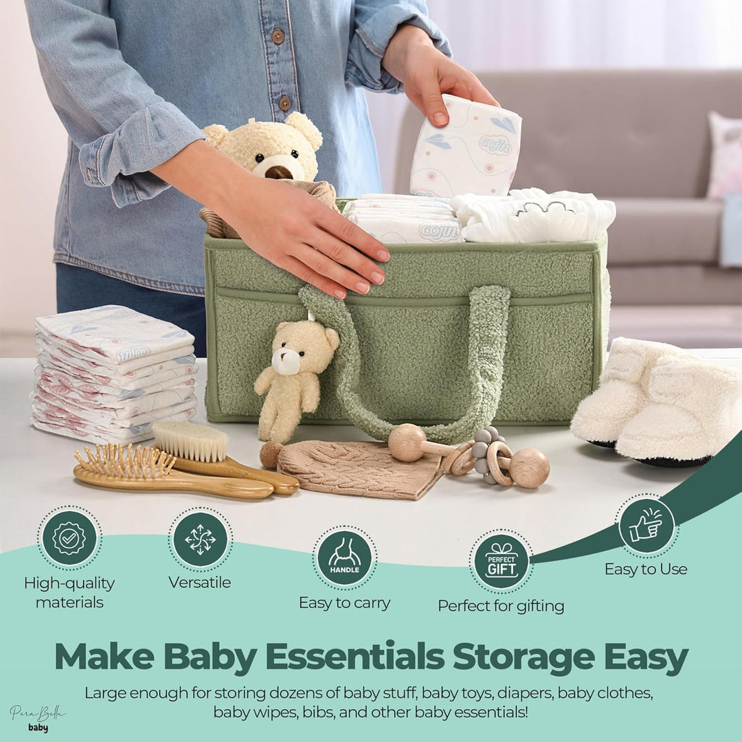 Baby Nappy Caddy Organizer – Plush Sherpa Storage Basket with Compartments – Elvoria