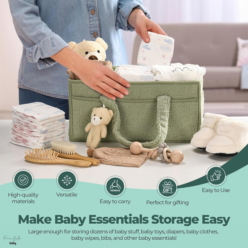 Baby Nappy Caddy Organizer – Plush Sherpa Storage Basket with Compartments – Elvoria