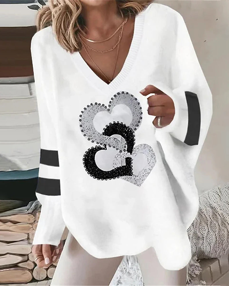 Ladies' pullover with heart pattern & V-neck – Milena