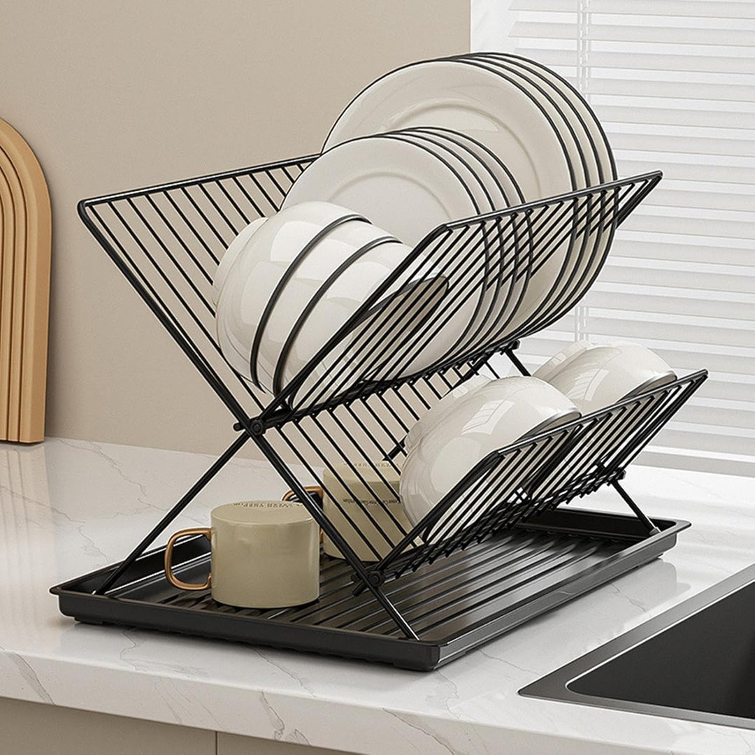 Folding Dish Drying Rack – 2-Tier Countertop Drainer with Detachable Tray – Kelvra