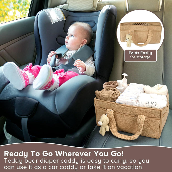 Baby Nappy Caddy Organizer – Plush Sherpa Storage Basket with Compartments – Elvoria