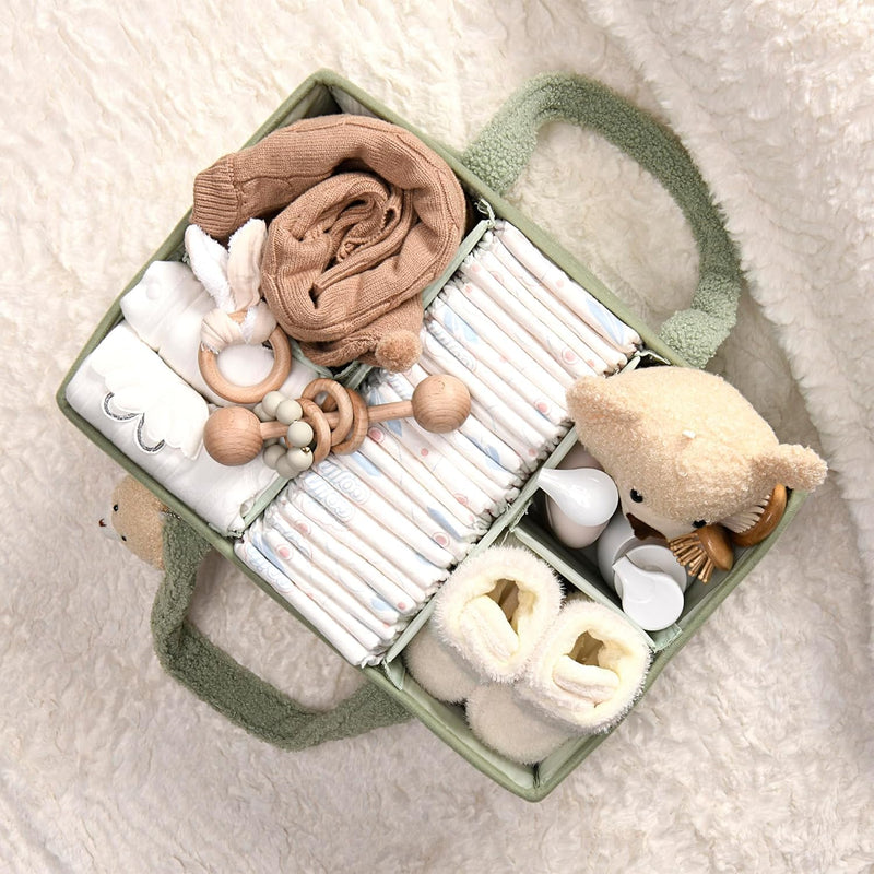 Baby Nappy Caddy Organizer – Plush Sherpa Storage Basket with Compartments – Elvoria